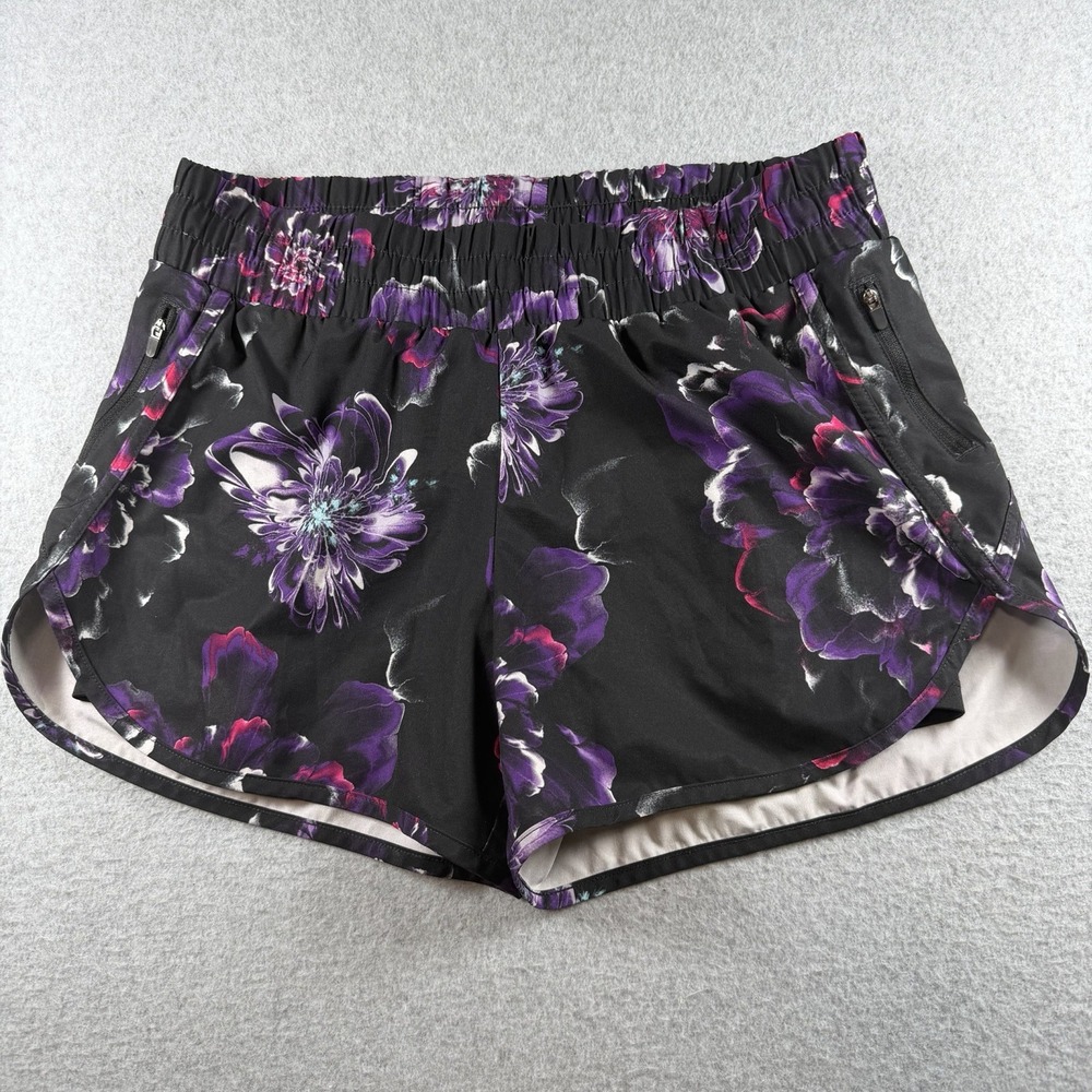 AVIA Womens Lined Running Shorts Athletic M Black Purple Pink Floral Zip Pockets